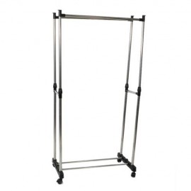 Dual-bar Vertically Stretching Stand Clothes Rack With Shoe Shelf